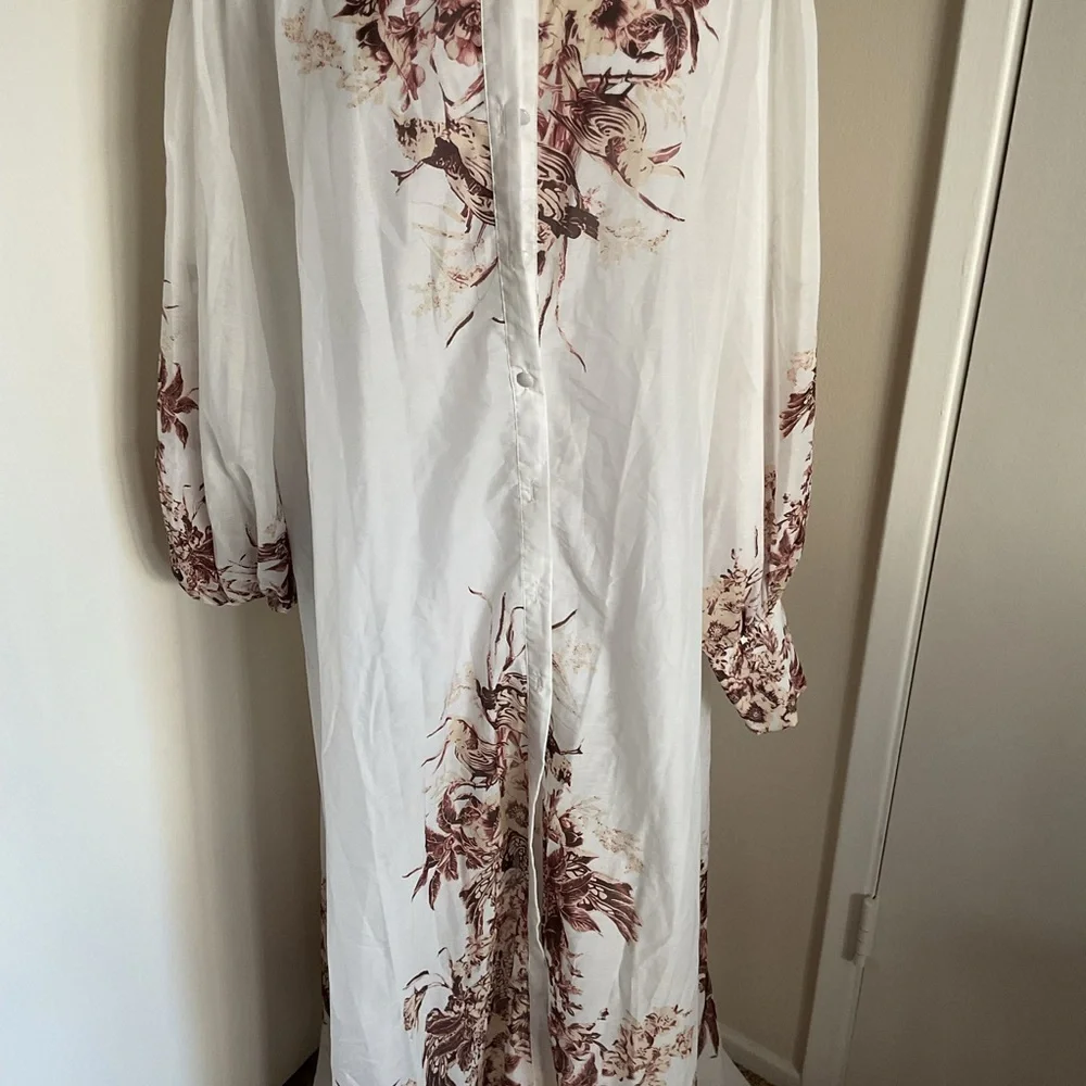 Itoo Italy Floral Maxi Shirt Dress Sheer Long Sleeve Belted Size Large - Picture 7 of 11